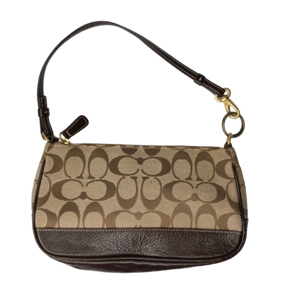 COACH 06094 Khaki Tan & Brown Signature Canvas & Leather Mini Hobo Baguette EUC